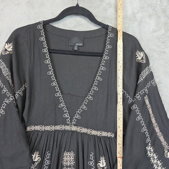 Greylin Dress Womens Medium Black Embroidered Boho Bell Sleeve Midi Fit & Flare - Picture 8 of 9